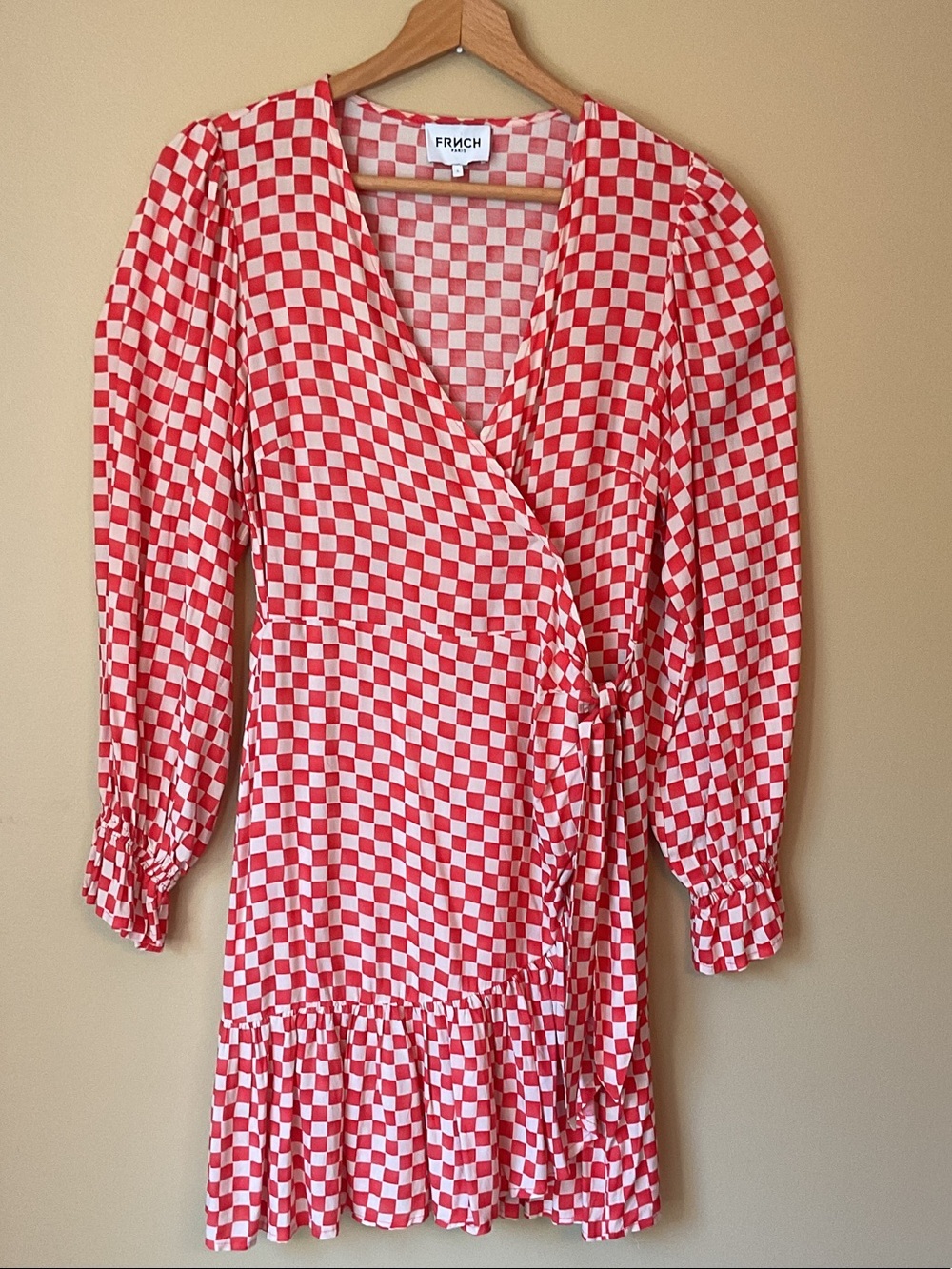 FRNCH Red orangeand White Checkered Wrap Dress with Ruffle Hem